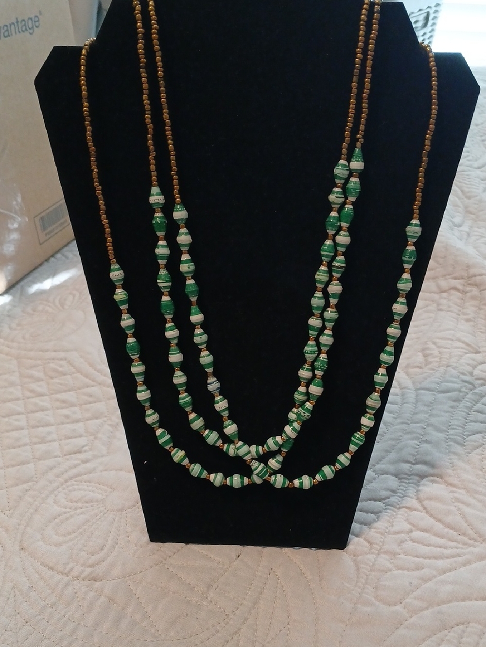 Vintage Layered Green Rolled Paper Beaded Necklace with Gold Accents